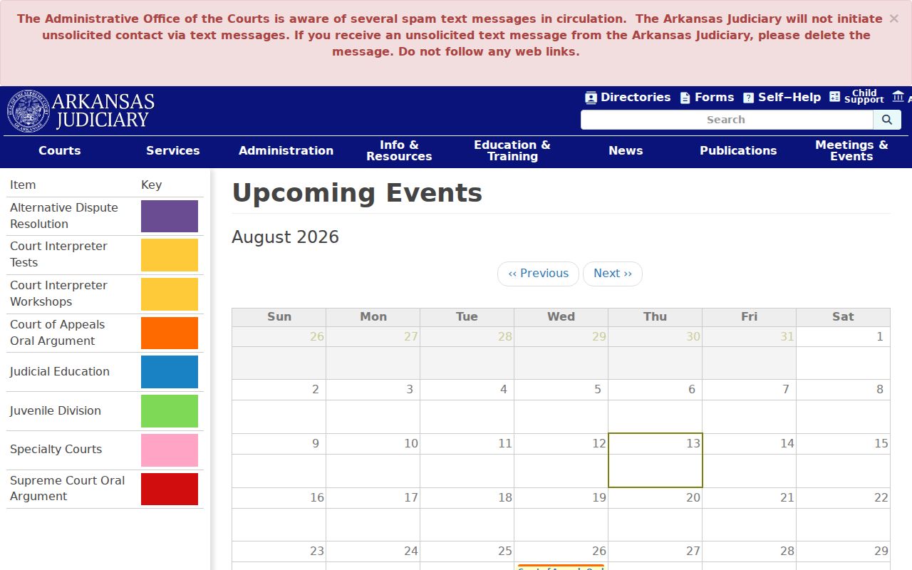 Arkansas Judiciary events calendar distinguished from a Columbia County court schedule