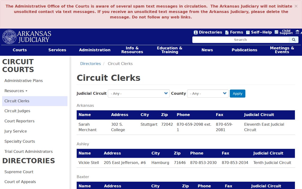 Circuit Clerk directory for Columbia County criminal court dockets